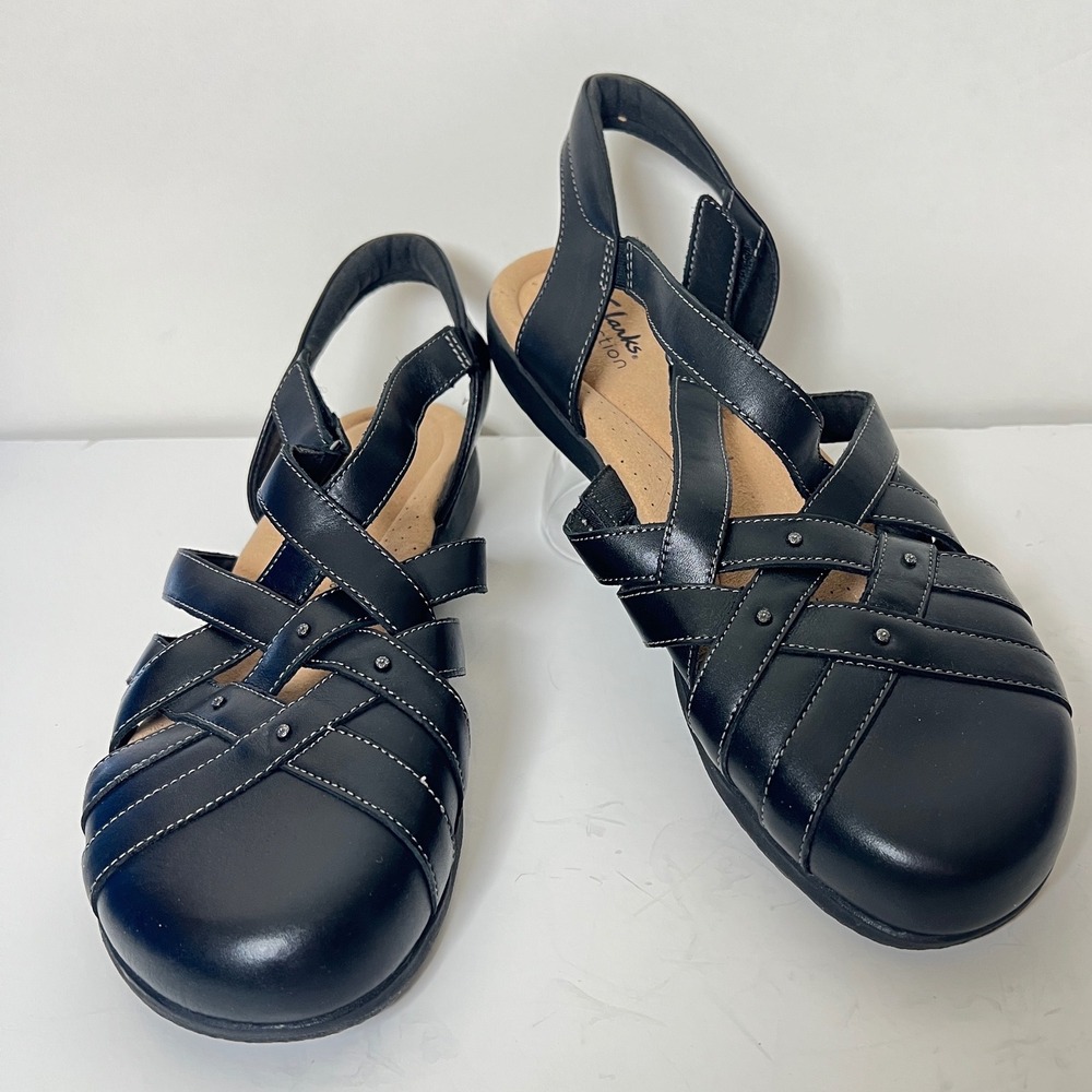 Clarks Elizabelle‎ Sea Black Leather Fisherman Sandals Women 12 M Close Toe